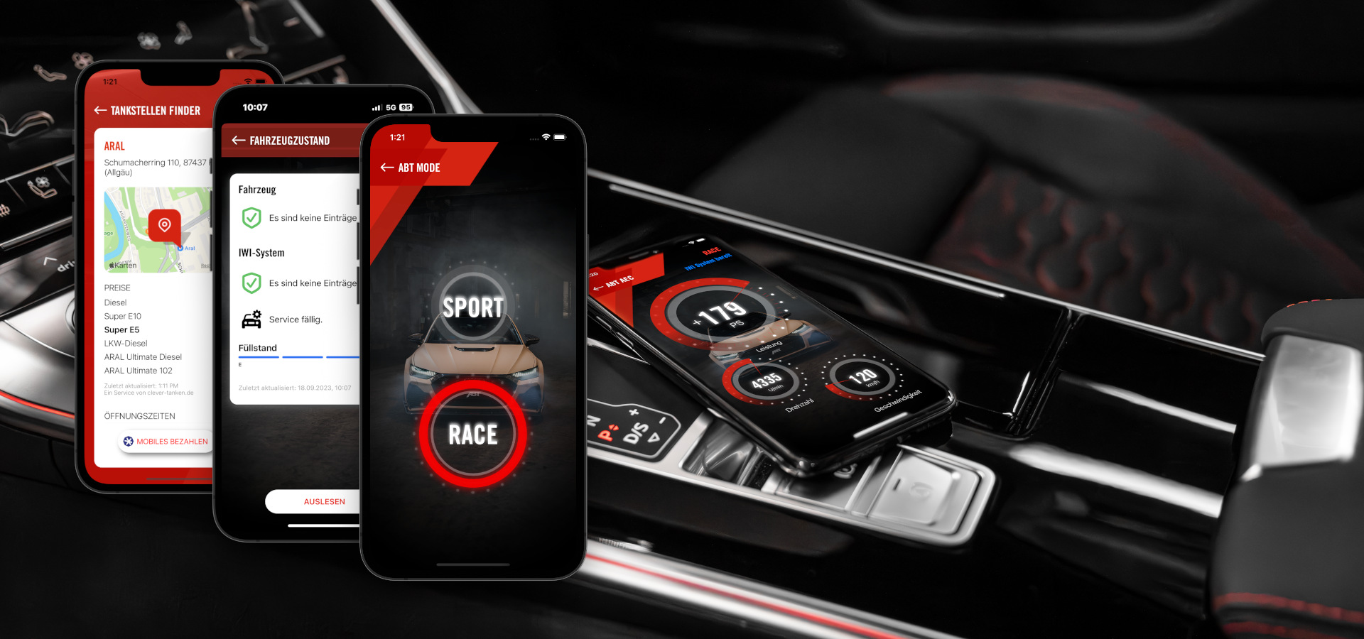 Nahaufnahme Interieur Mittelkonsole mit Handy mit ABT App