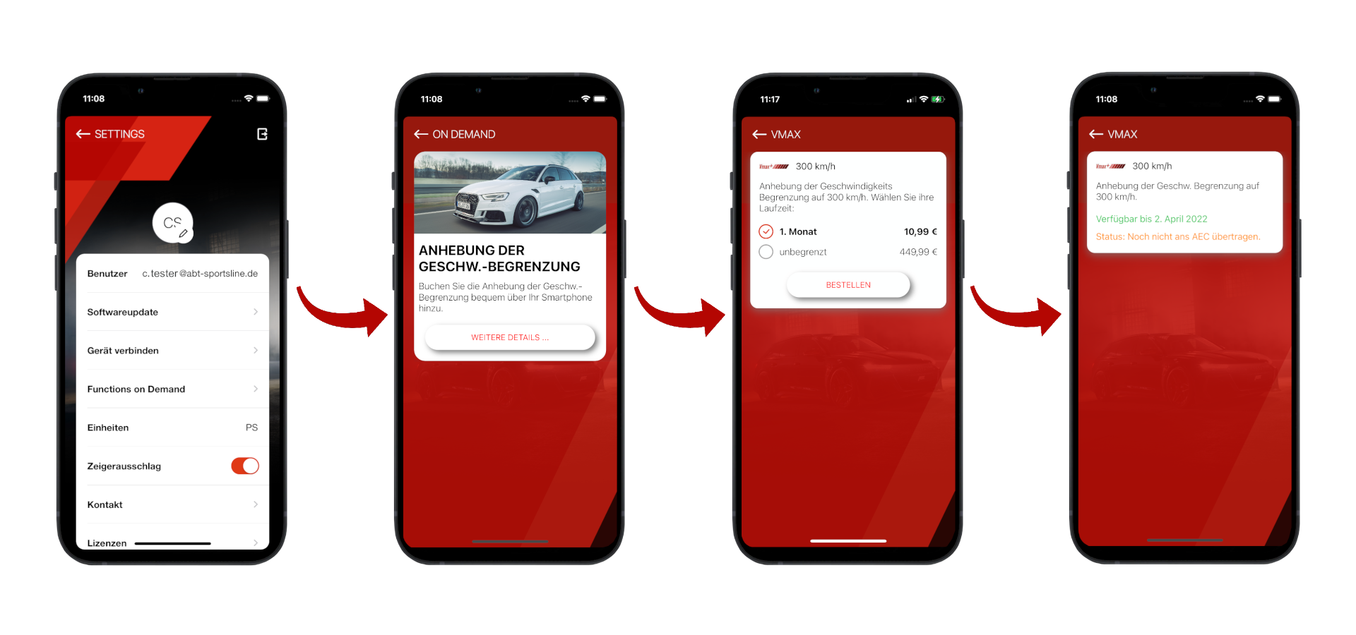 vier Smartphones nit erklärung der verschiedenen Schritte zur Vmax Anhebung